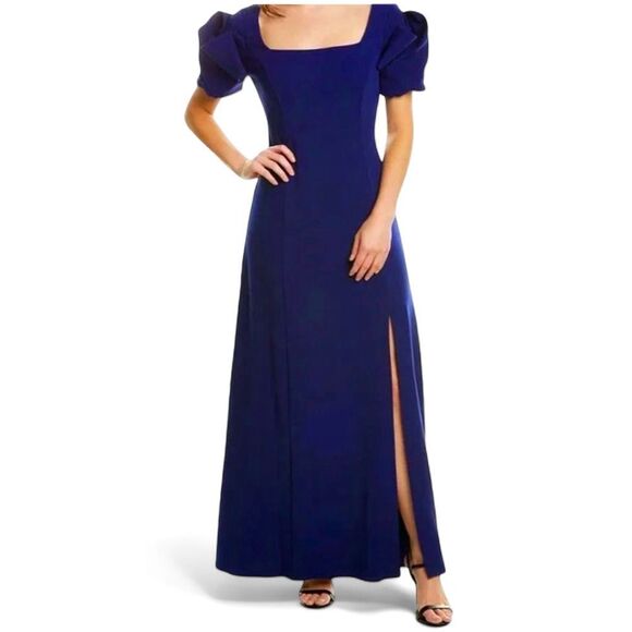 NWT Belle Badgley Mischka Puff Sleeve Gown in Navy Blue - Picture 8 of 15